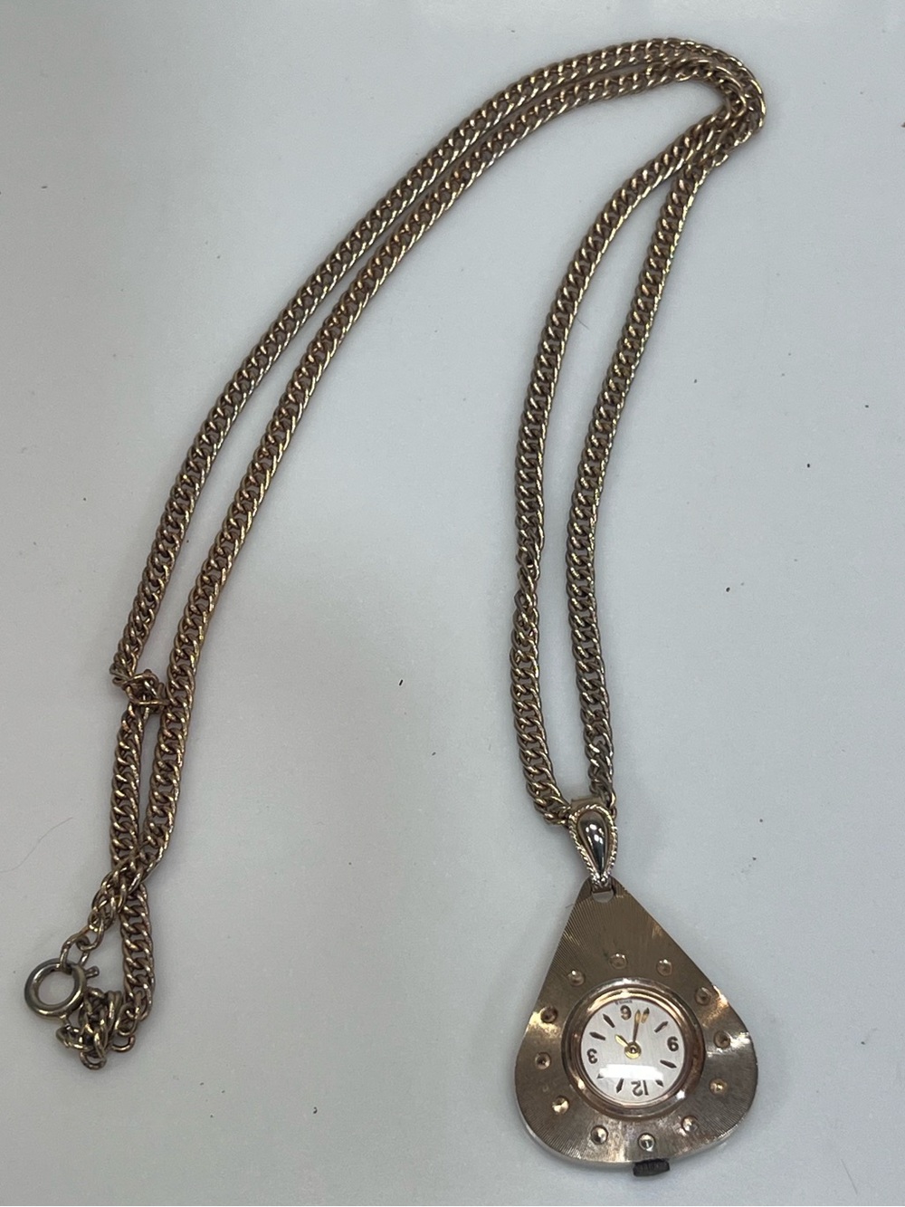 Vintage Caravelle Bulova Pendant Watch Gold Tone Textured Mid Century Teardrop